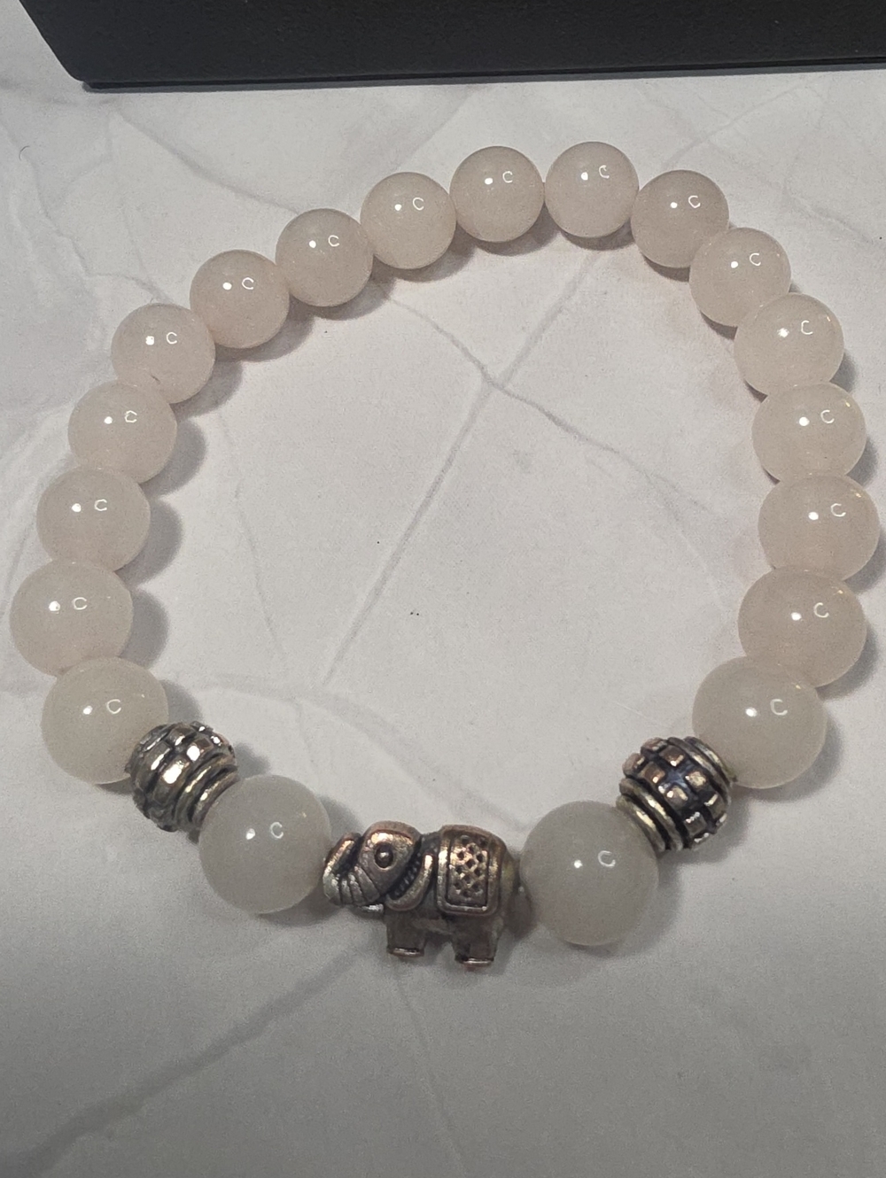 Silver Elephant Charm Rose Quartz Bracelet - Pink Beaded Stretch
